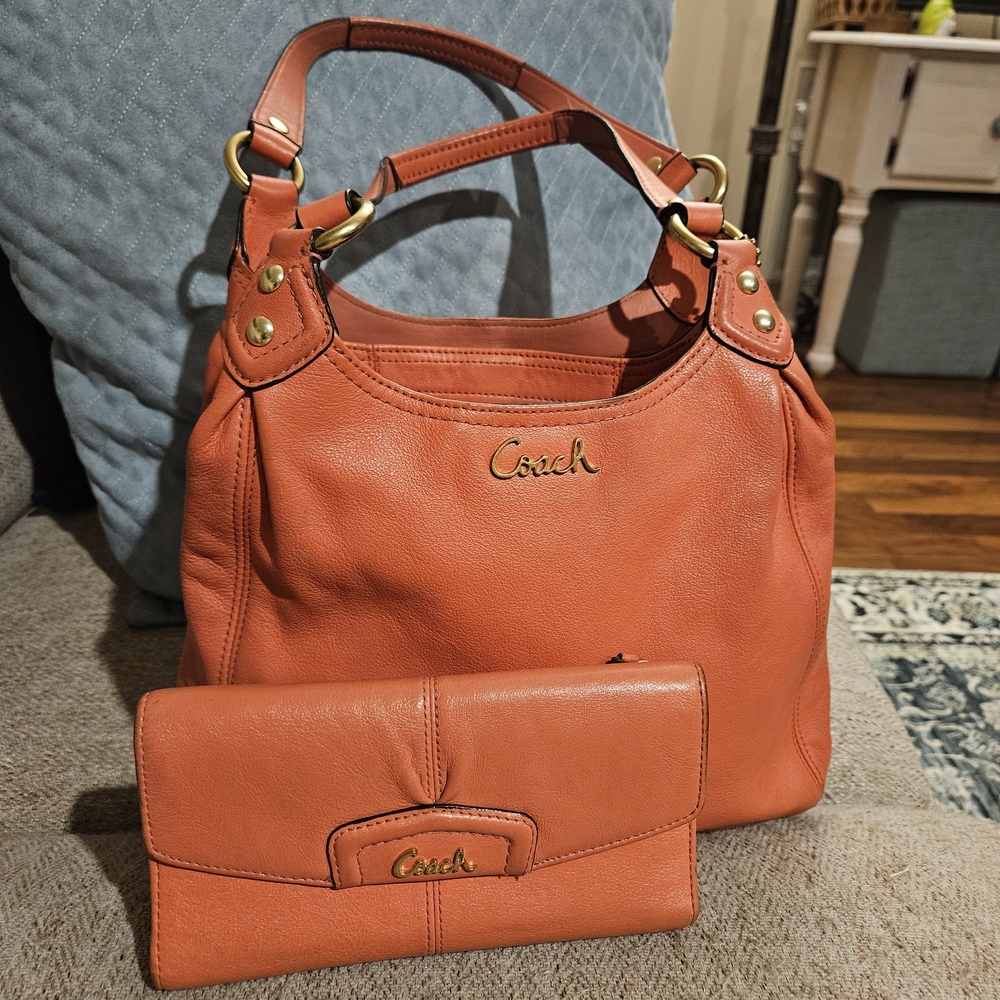 Coach Coral Leather Shoulder Bag and Wallet